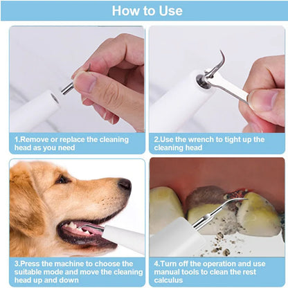 "Black pet dental tool kit for dogs and cats, ultrasonic cleaning, promotes oral hygiene and fresh breath, easy USB recharge.