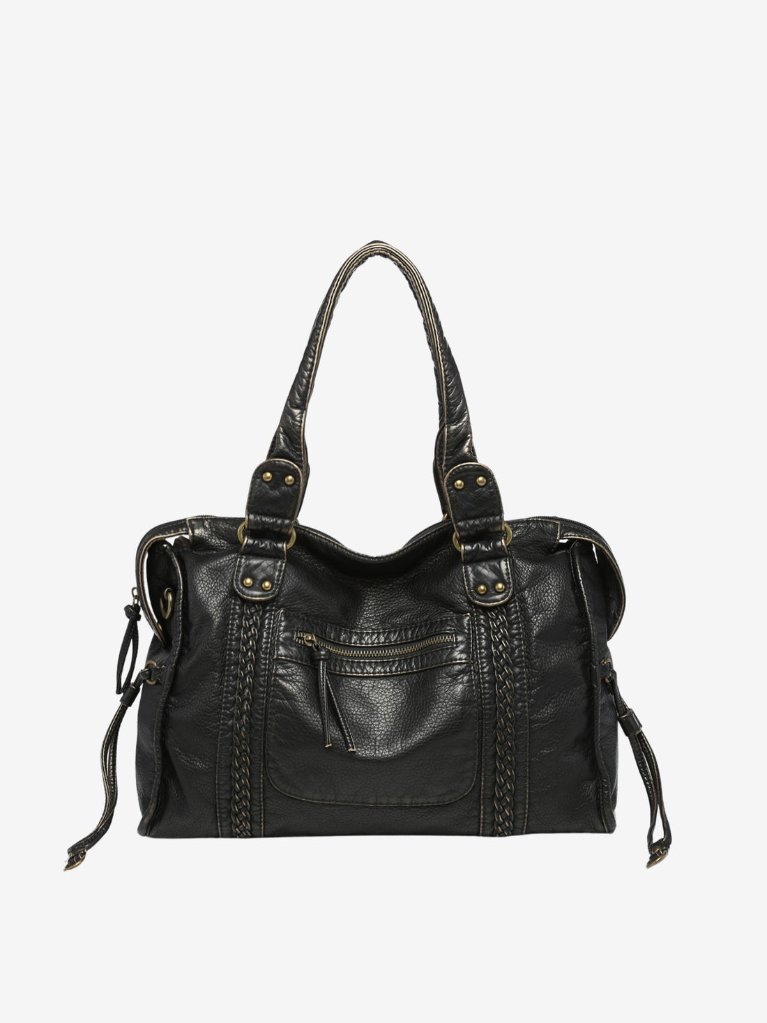 "Black vegan leather shoulder bag for women with elegant design, adjustable strap, and secure closures, perfect for daily use
