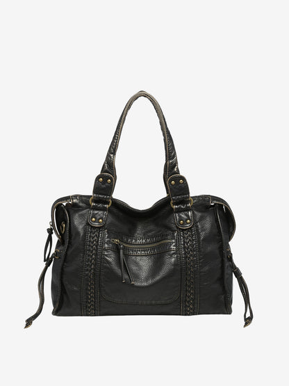 "Black vegan leather shoulder bag for women with elegant design, adjustable strap, and secure closures, perfect for daily use