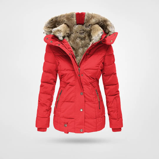 Black women's waterproof winter jacket with hood, fleece lining, four pockets, high collar, ideal for cold weather.