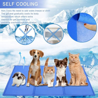"Blue foldable cooling dog mat with moisture-resistant surface, suitable for home and travel, providing comfort and joint sup