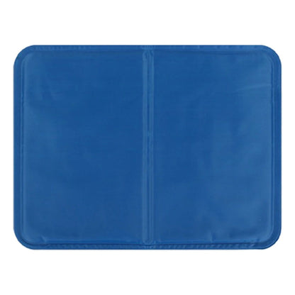"Blue gel-filled dog cooling mat, water-resistant PVC pad for pets, pressure-activated, available in various sizes."
