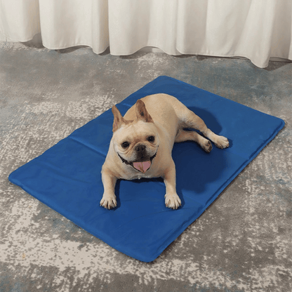 "Blue gel-filled dog cooling mat, water-resistant PVC pad for pets, pressure-activated, available in various sizes."
