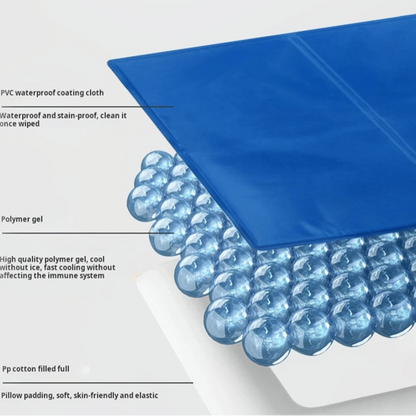 "Blue gel-filled dog cooling mat, water-resistant PVC pad for pets, pressure-activated, available in various sizes."
