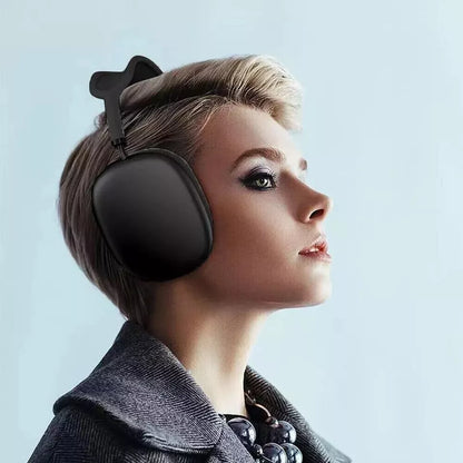 "Bluetooth headphones with HiFi stereo, noise cancelling, over-ear design, soft cushioning, and sleek black finish."