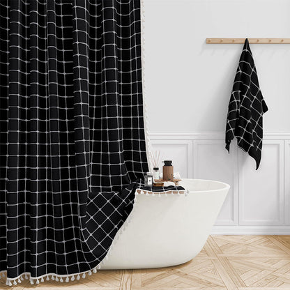 "Bohemian farmhouse waterproof linen shower curtain with decorative tassels, shown in a warm beige plaid pattern."