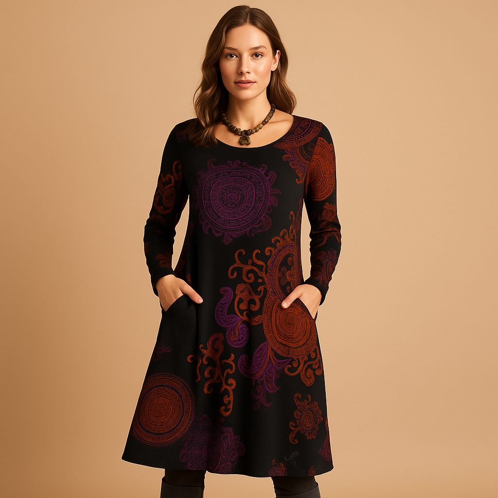 Flowy Long Sleeve Women's Dress with Pockets - Luxivelle