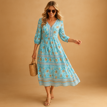 Bohemian summer dress for women with breathable fit and refined patterns, ideal for festivals, beach days, and casual summer outings.