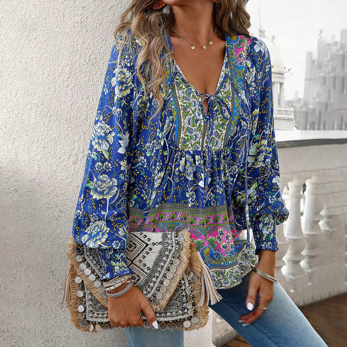 Feminine Flowy V-Neck Peasant Top - Luxivelle