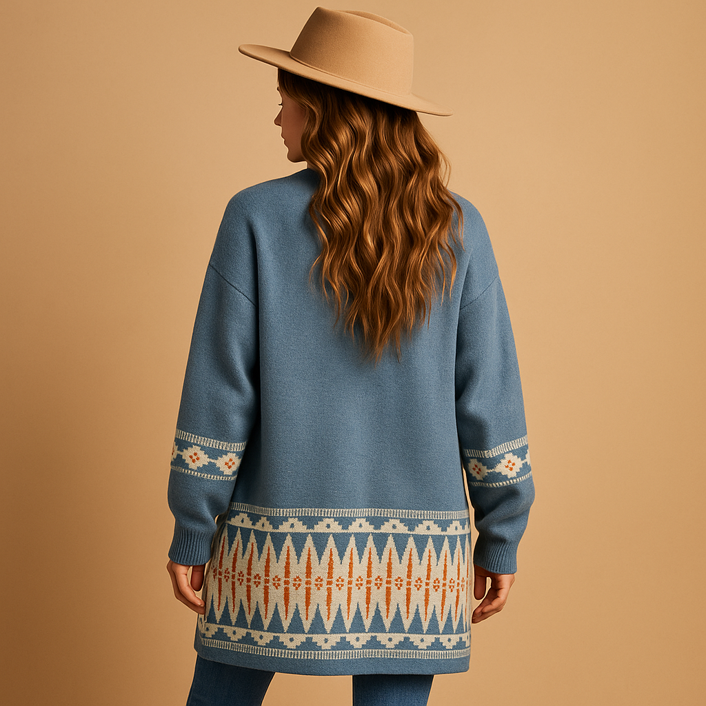 Bohemian-style wool-blend women’s cardigan with colorful jacquard pattern, ideal for layering over casual fall and winter outfits.