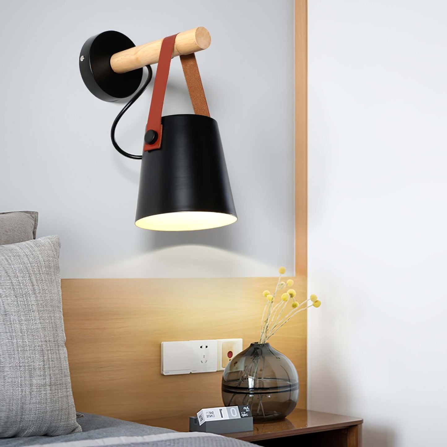 Rustic Wood Wall Lamp with Brown Leather Strap