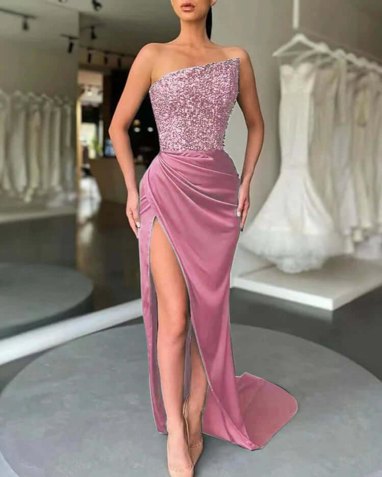 Glittering Beaded Neckline Formal Gown Dress