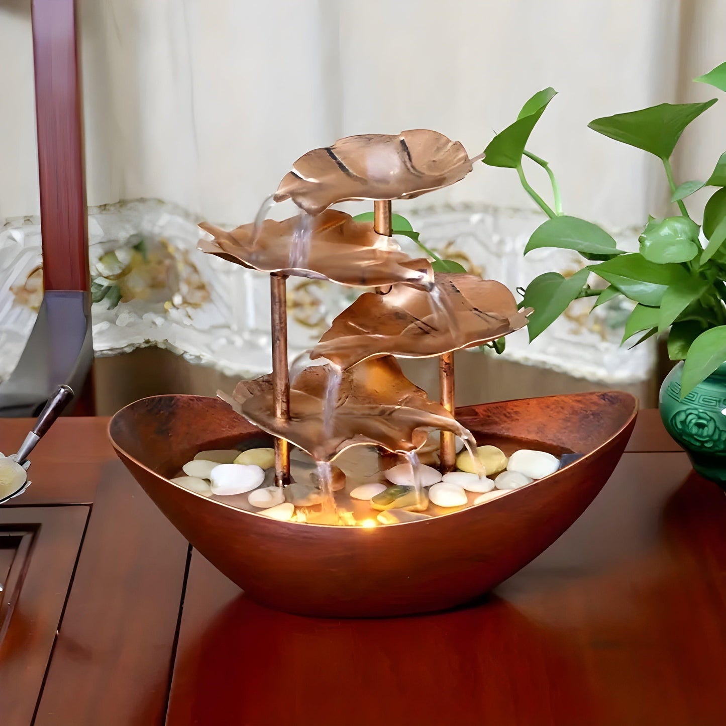 Classic Metal Leaf Table Fountain with LED Light