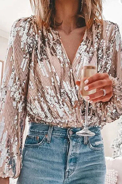 Women's Sequin Blouse | V-Neck Balloon Sleeves-5