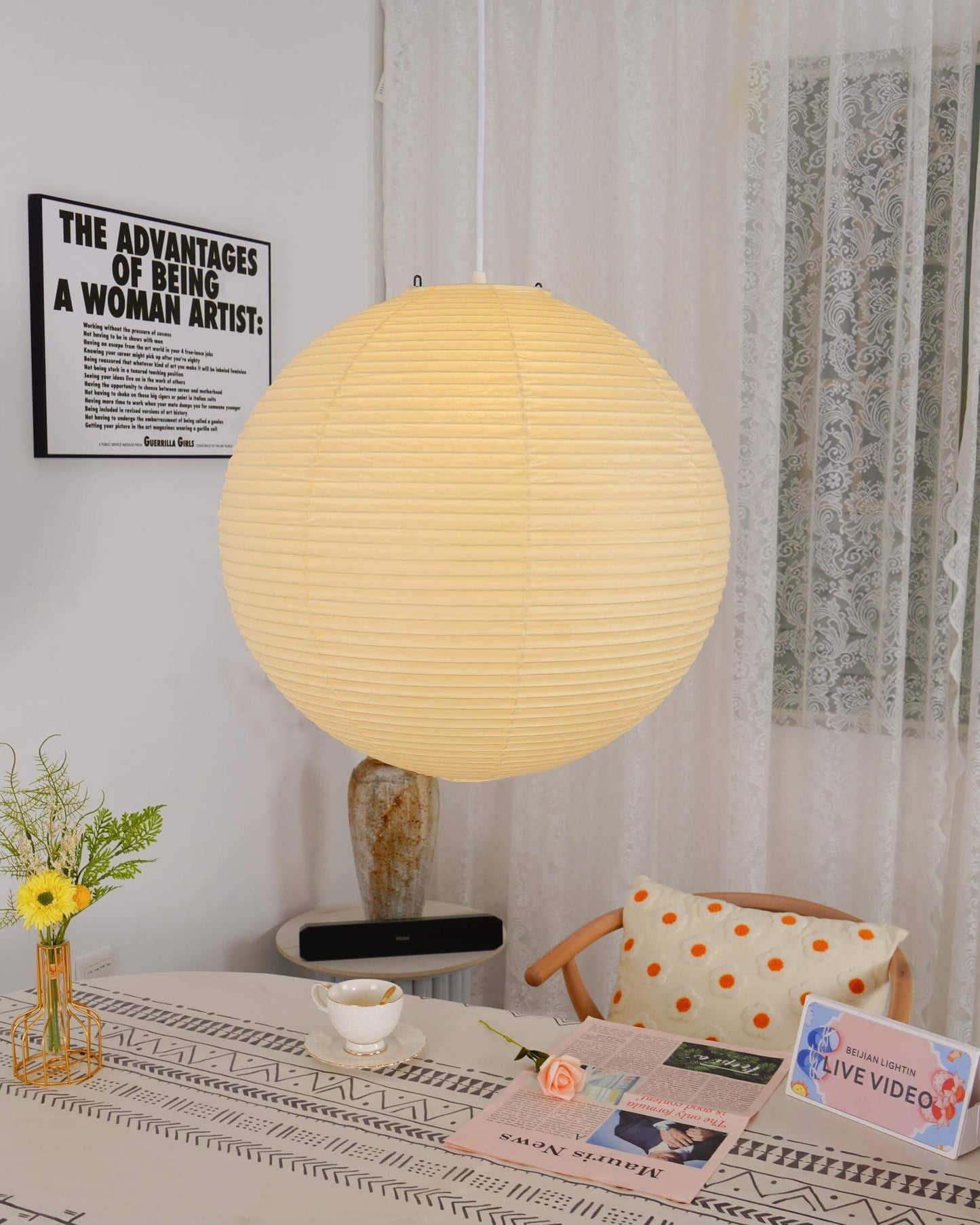 Simple White Cotton Shade Pendant Light with Metal Frame