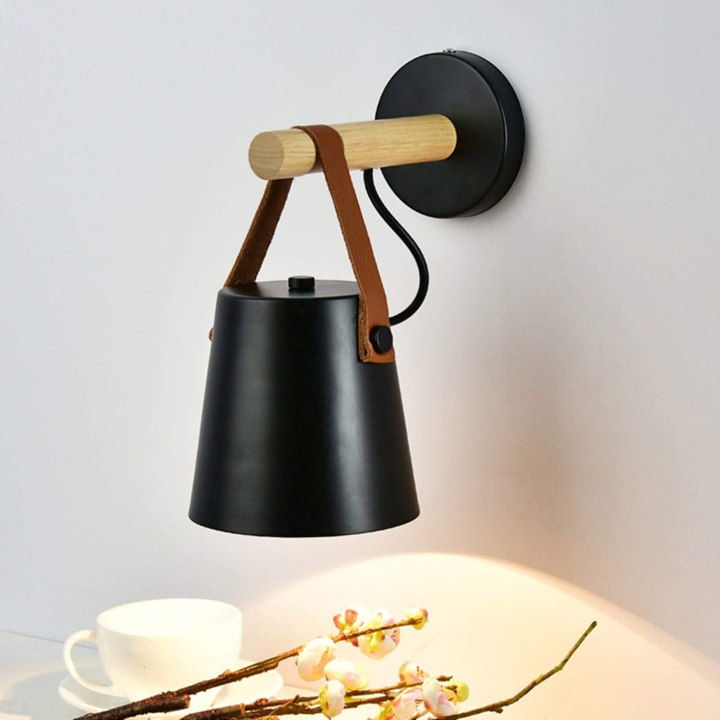 Rustic Wood Wall Lamp with Brown Leather Strap