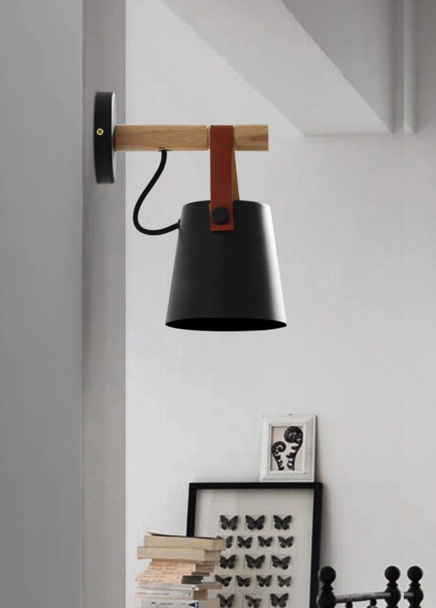 Rustic Wood Wall Lamp with Brown Leather Strap