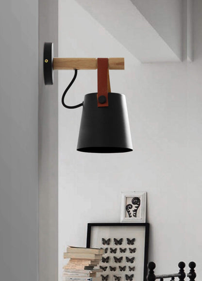Rustic Wood Wall Lamp with Brown Leather Strap