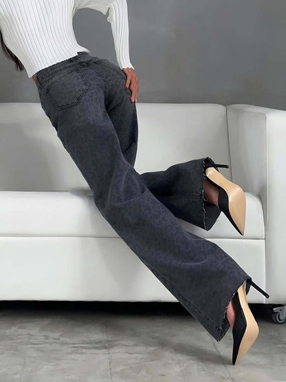 Fashionable Leopard Wide Leg High Waist Jeans