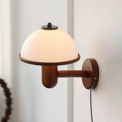 Rustic Wooden Fungi Wall Lamp with Cream Shade