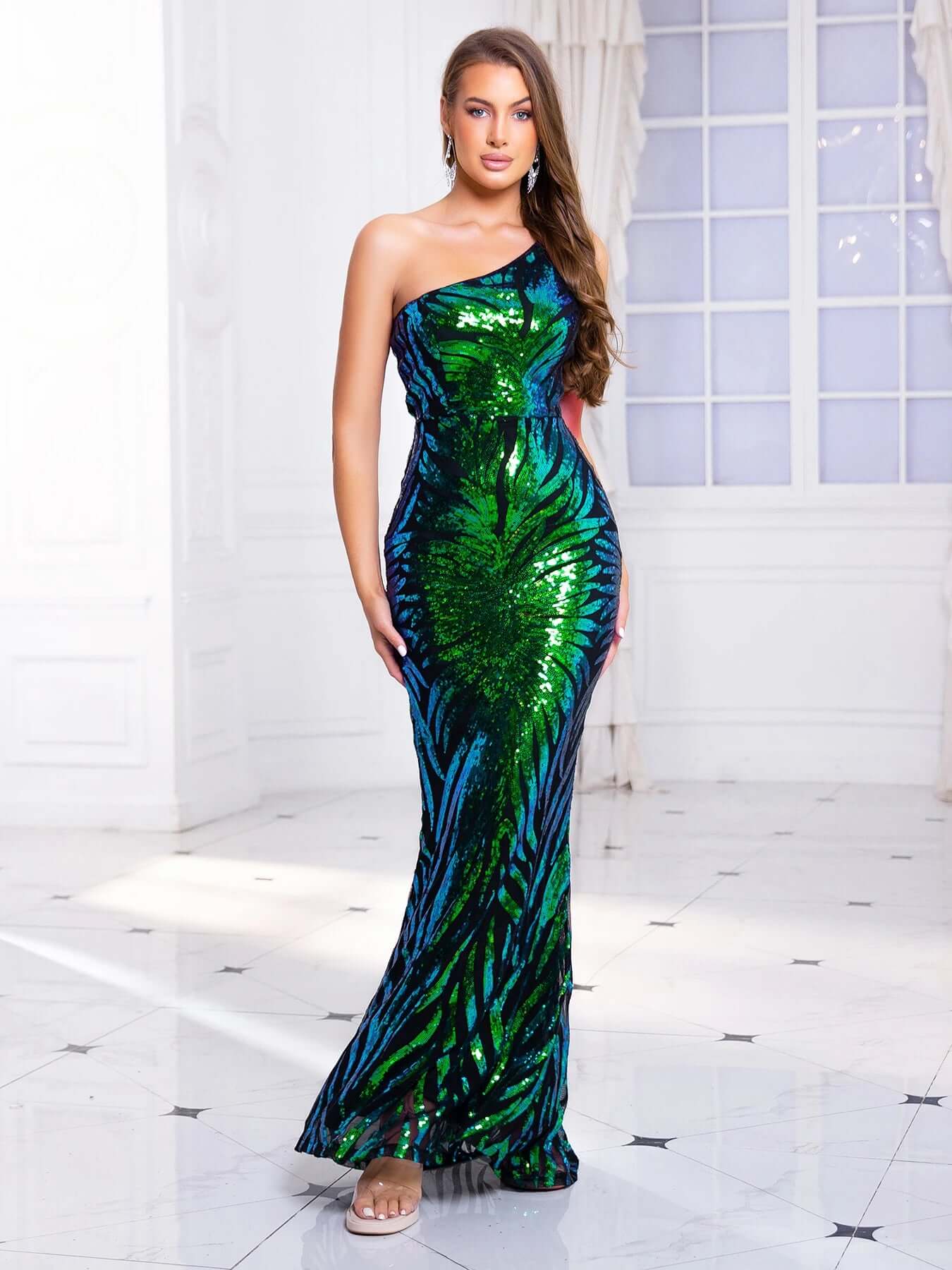 Glittering Asymmetrical Floor Length Prom Dress