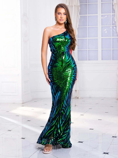 Glittering Asymmetrical Floor Length Prom Dress
