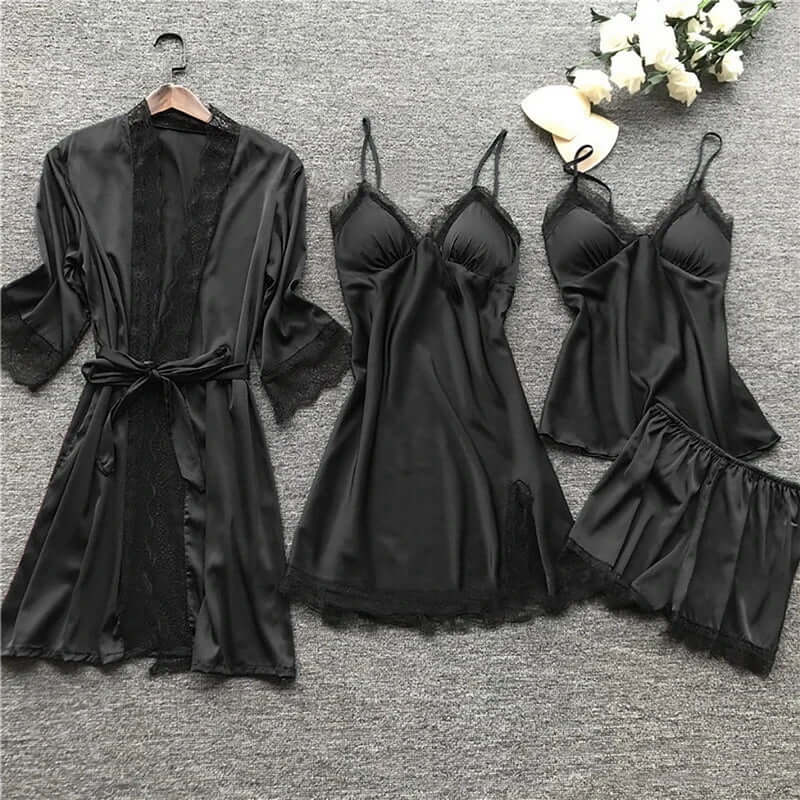 Ladies Soft Silk Pajama Set with Lace Trim