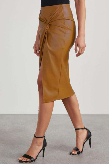 Fake Leather High Waist Pencil Skirt with Gathering