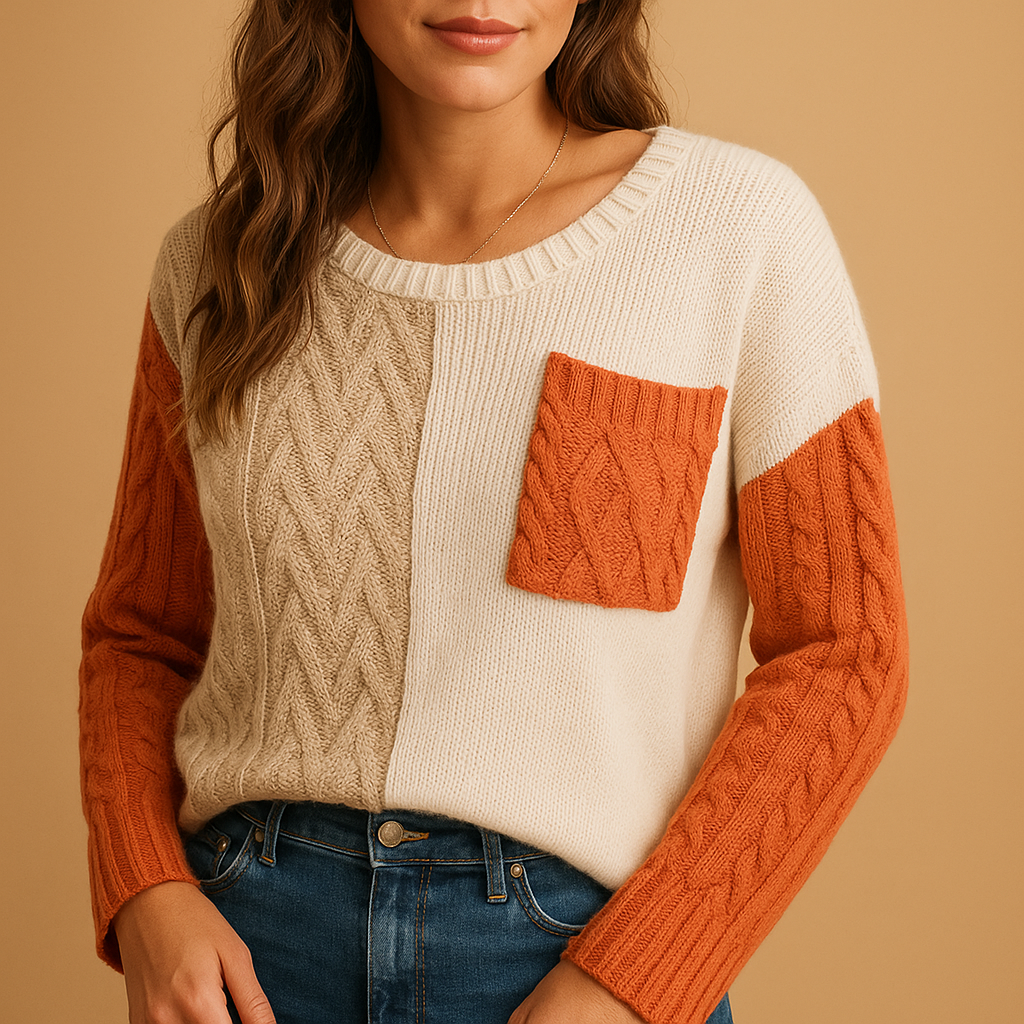 Women’s cable knit sweater with drop shoulders and a pocket detail, perfect for casual layering and everyday comfort.