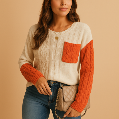 Women’s cable knit sweater with drop shoulders and a pocket detail, perfect for casual layering and everyday comfort.