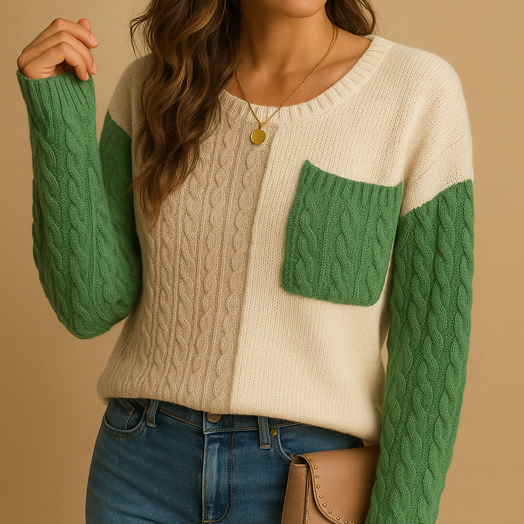 Women’s cable knit sweater with drop shoulders and a pocket detail, perfect for casual layering and everyday comfort.