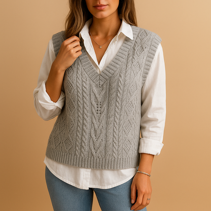 Sleeveless cable knit V-neck vest for women in soft knit, ideal for spring and autumn layering over shirts or dresses.