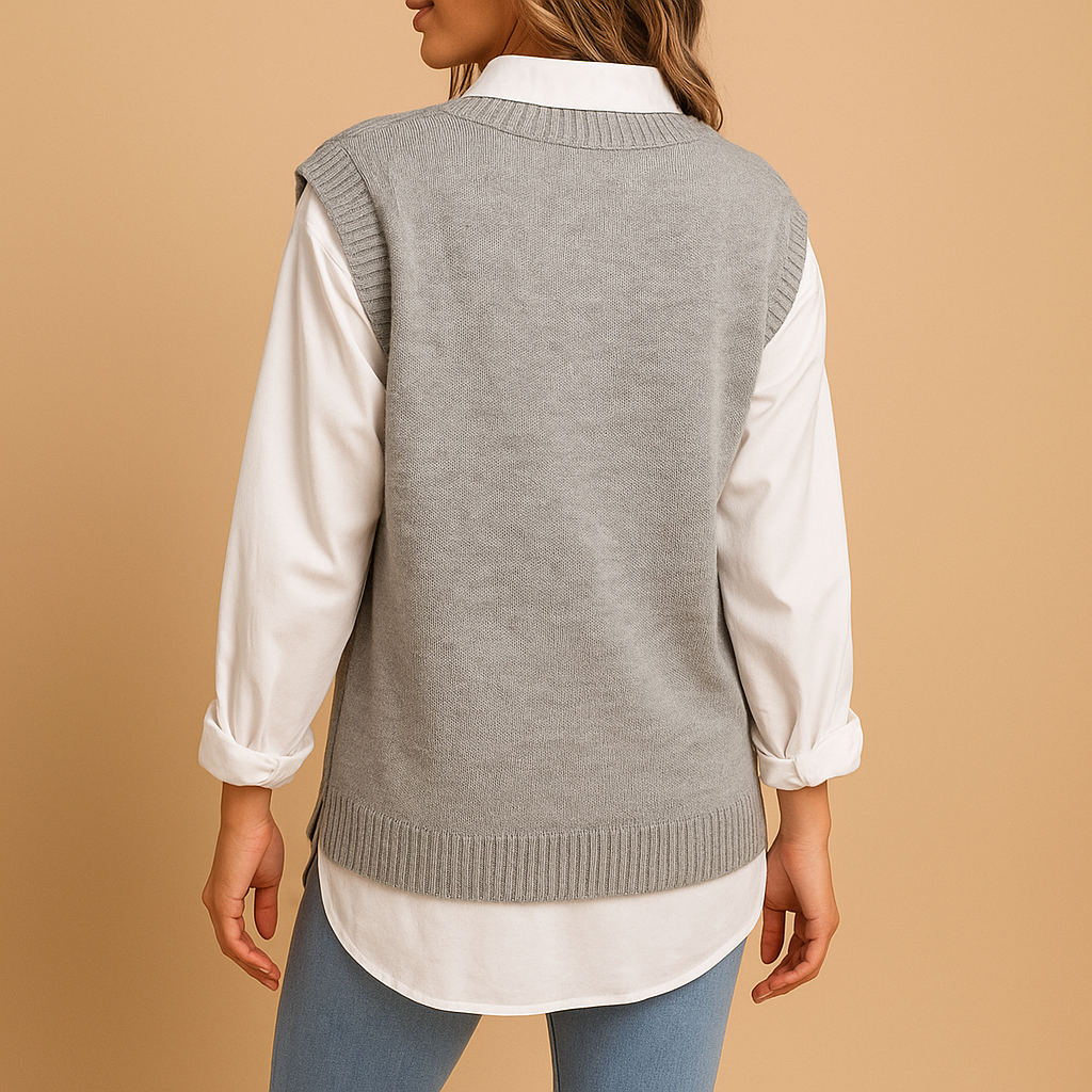 Sleeveless cable knit V-neck vest for women in soft knit, ideal for spring and autumn layering over shirts or dresses.