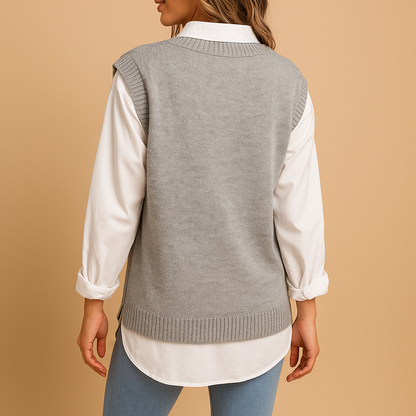 Sleeveless cable knit V-neck vest for women in soft knit, ideal for spring and autumn layering over shirts or dresses.