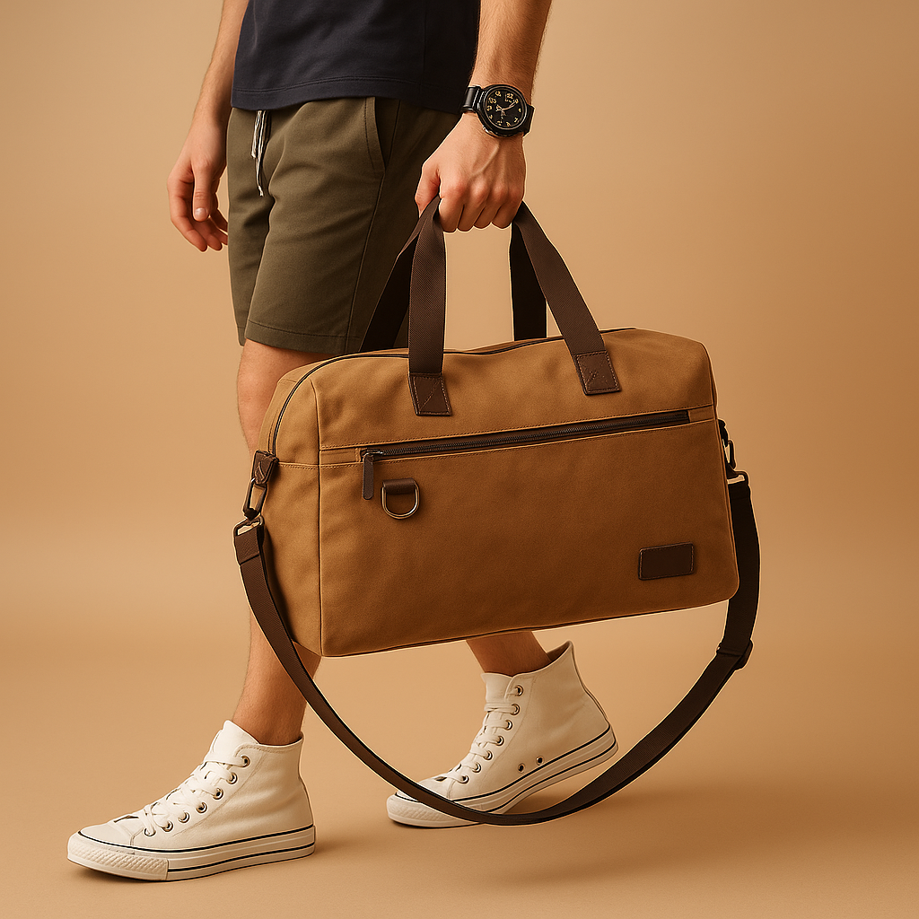 Canvas shoulder commuter bag for men with water-resistant fabric, padded gadget storage, anti-theft zippers, and adjustable strap for daily use.