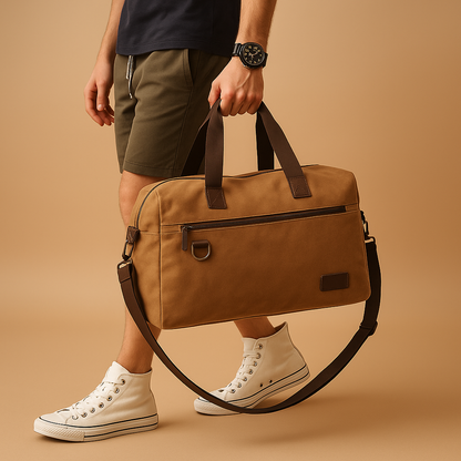 Canvas shoulder commuter bag for men with water-resistant fabric, padded gadget storage, anti-theft zippers, and adjustable strap for daily use.