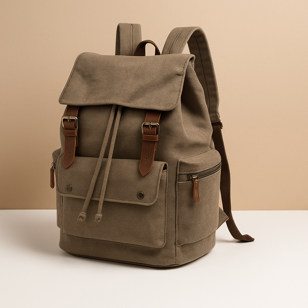 Men’s canvas travel backpack with padded laptop sleeve, drawstring closure, and multiple compartments, perfect for commuting and adventures.