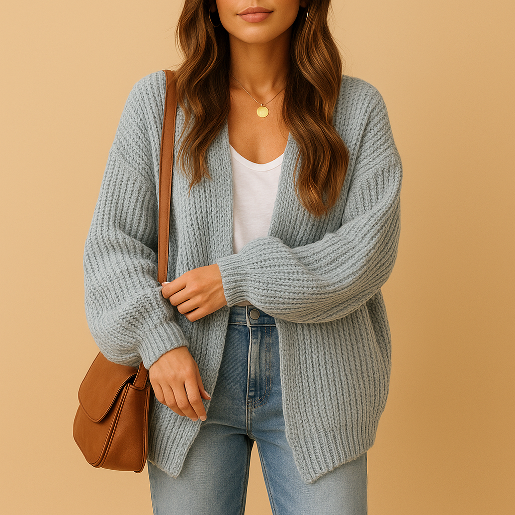 Loose-fit knitted cardigan for women with soft texture and relaxed design, perfect for spring and autumn layering or cozy winter days.