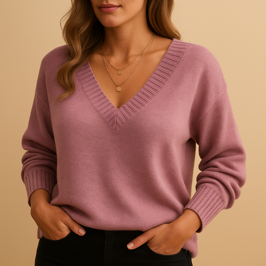 Casual v-neck knitted sweater for women with relaxed fit and textured pattern, ideal for autumn and winter layering.