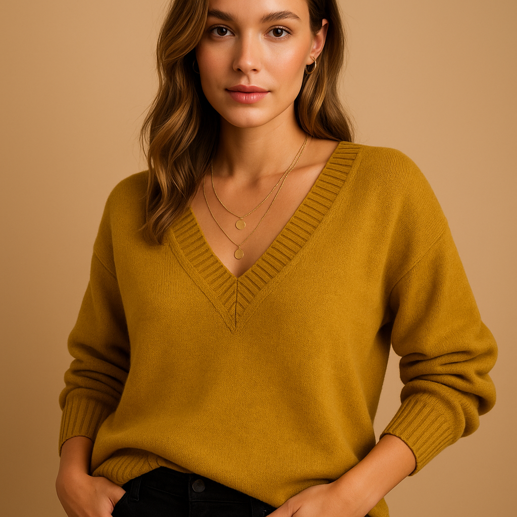 Casual v-neck knitted sweater for women with relaxed fit and textured pattern, ideal for autumn and winter layering.