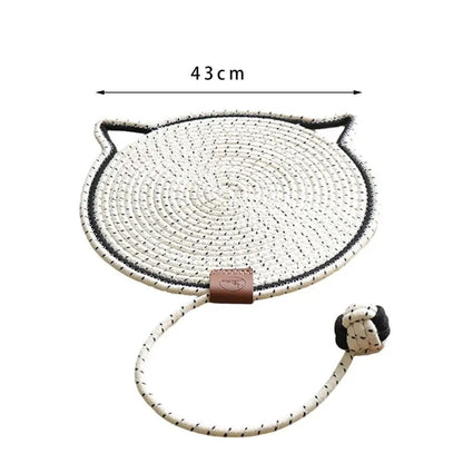 "Cat lounging on stylish, durable cat scratching rug; elegant, textured mat for optimal claw care and furniture protection."
