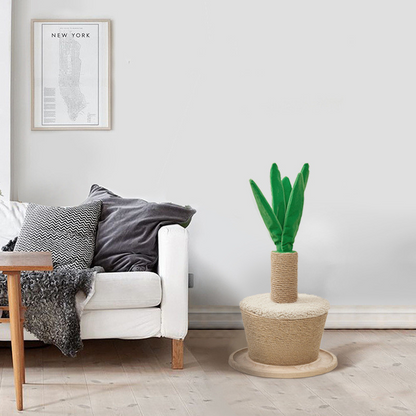 "Cat tower with green plant pot design, sisal scratching posts, multi-level climbing platform, for play and home decor."