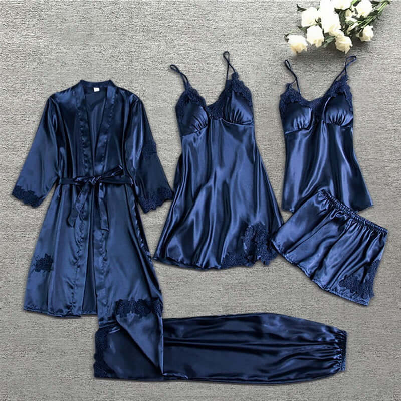 Ladies Soft Silk Pajama Set with Lace Trim - Luxivelle