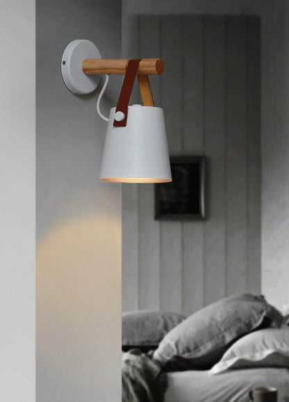 Rustic Wood Wall Lamp with Brown Leather Strap