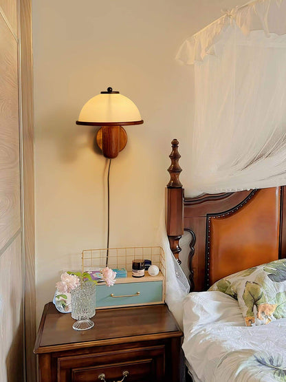 Rustic Wooden Fungi Wall Lamp with Cream Shade