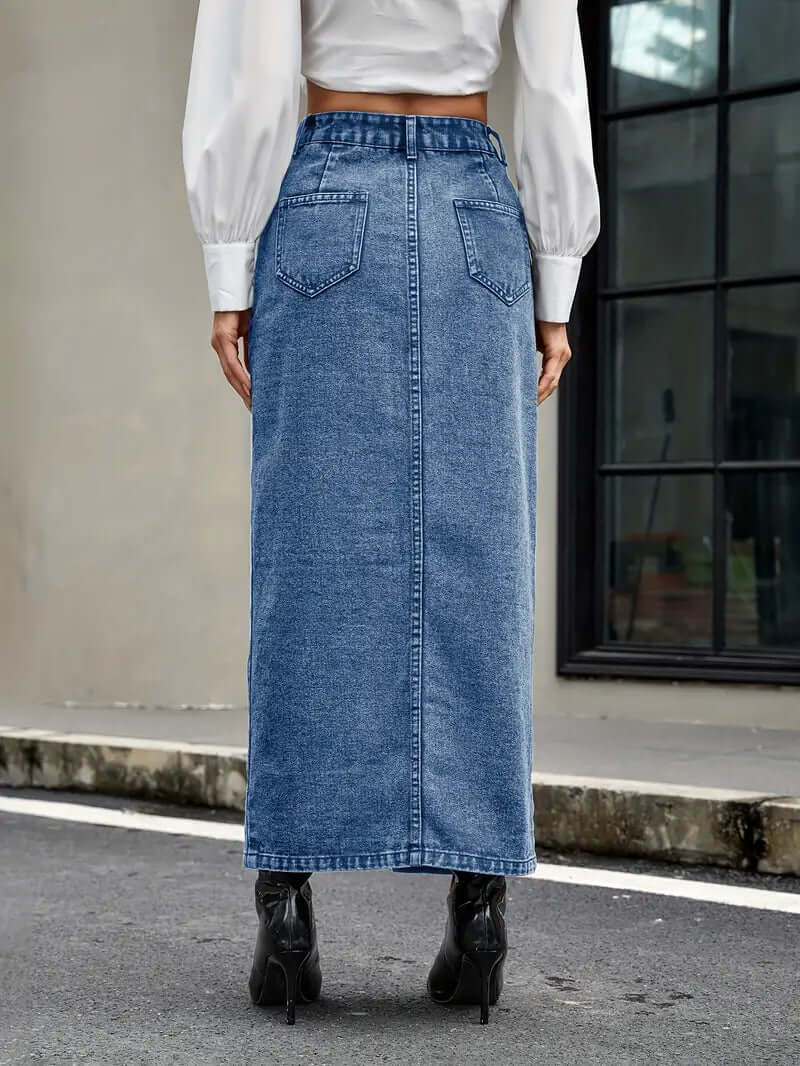 Women's Classic Mid Length Jean Skirt with Front Split