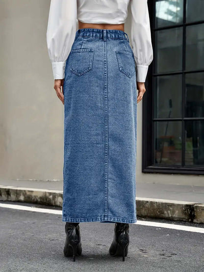 Women's Classic Mid Length Jean Skirt with Front Split