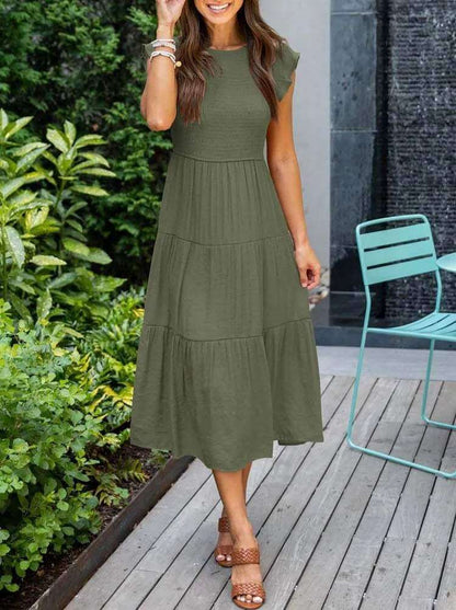 Ladies Floral Midi Dress with Ruffled Sleeves