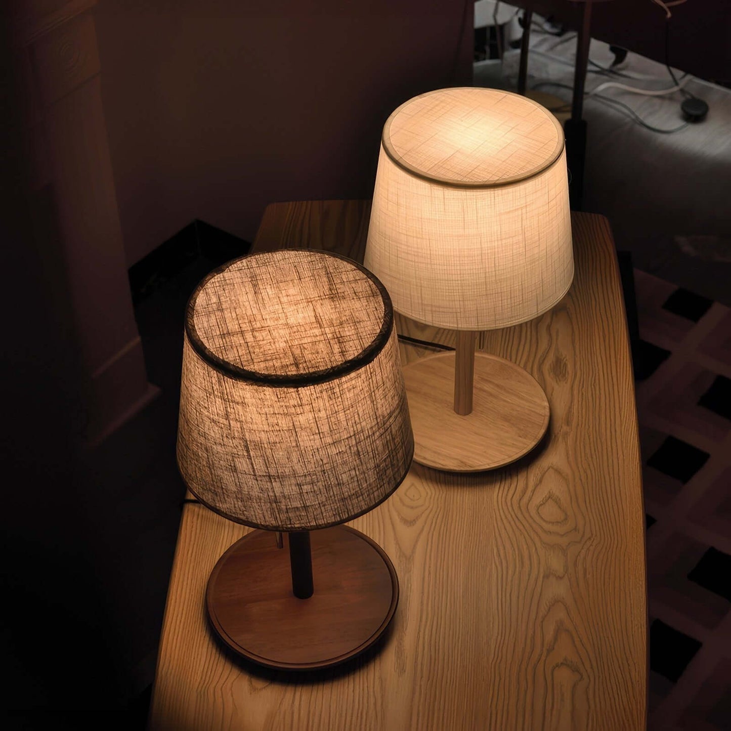Rustic Brown Wooden Desk Lamp with Linen Shade