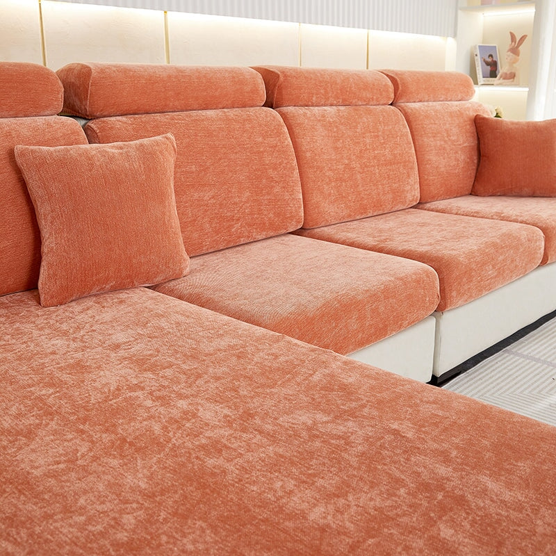 "Chenille sectional sofa cover in smoke color, fits snugly on sectional sofas to protect against wear, spills, and stains."